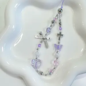 Y2K Fashion Purple Phone Charm Strap, Cute Silver Phone Charm, Kpop keychain, Trendy Silver Heart phone lanyard, gift for her