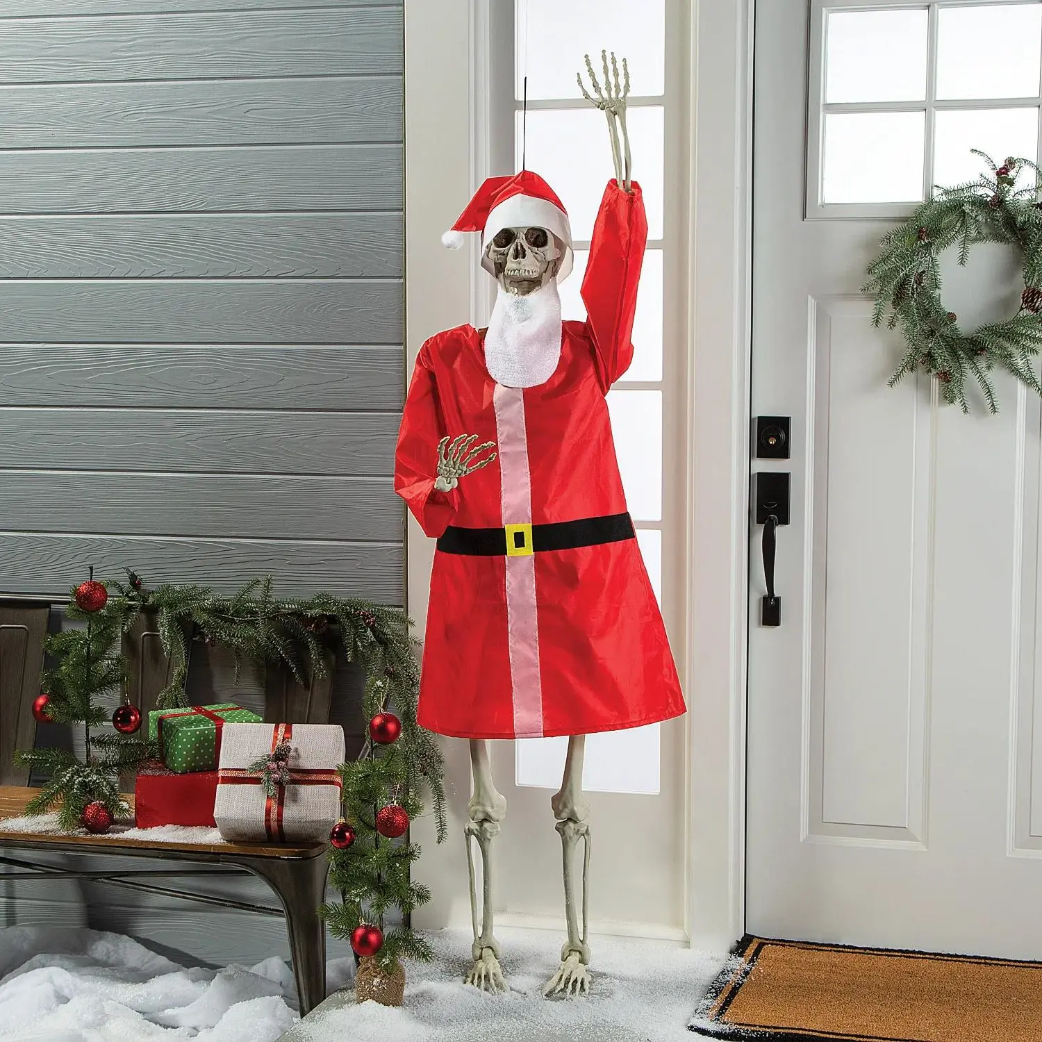 Plastic Life-Size Posable Skeleton Santa Outfit Kit - 4-Pc Spooky Festive Photo Backdrop Decoration for Home & Party Supplies, Props