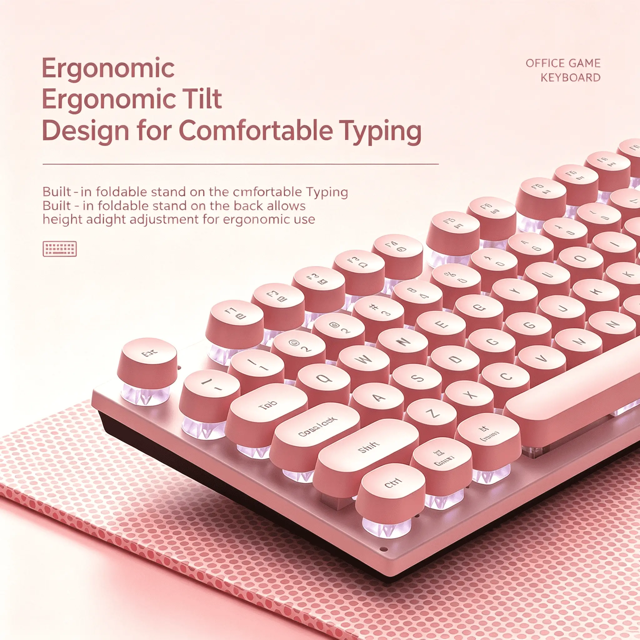 Pink Retro Punk Round Keycaps USB Wired Keyboard - White Backlit, Ergonomic Film Keyboard for PC, Laptop Gaming, Cute Aesthetic Gift for Girls
