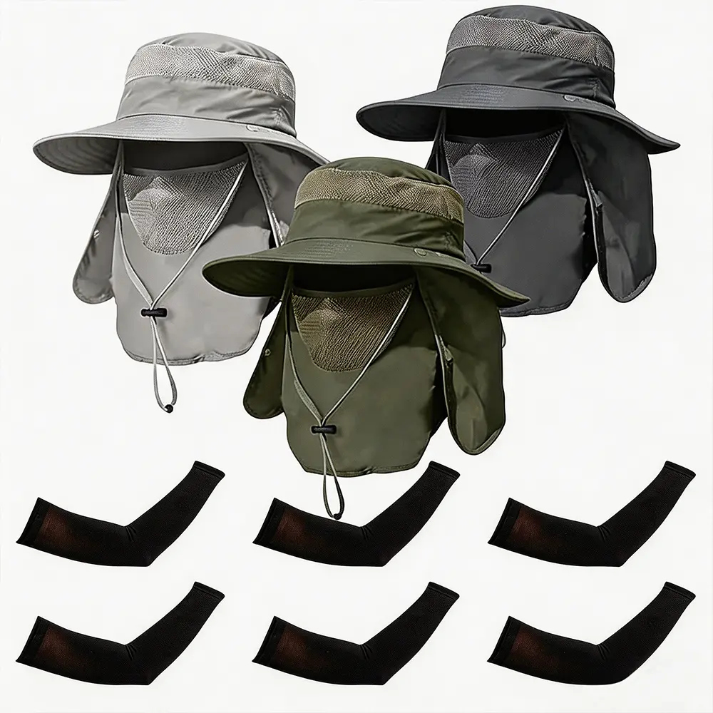 Men's Outdoor Wide-Brimmed Fishing Hat with UPF 50+ Sun Protection & 3 Pairs of Gloves 100% Nylon Lightweight Packable Windproof Water Repellent for Hiking Gardening