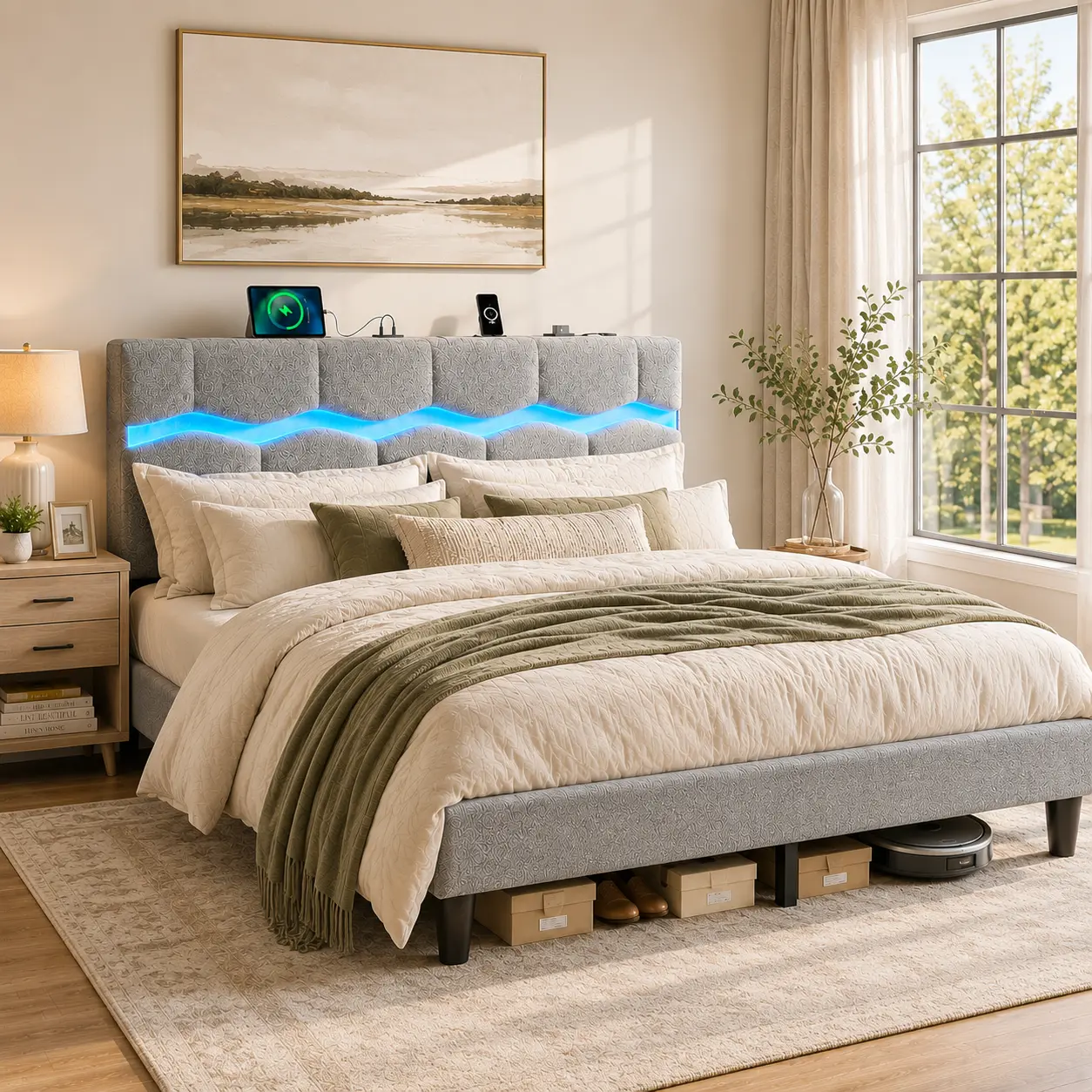 Raybee King Size LED Bed Frame with Headboard Storage & Charging Station, Modern Boucle Upholstered Platform Bed with USB C, Floating Wave LED Lights, 880lbs Heavy Duty, Squeak-Free, No Box Spring Needed, Cozy Teddy Fleece Bedside Organizer, Beige/Gray