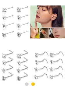 8Pcs 20G Nose Studs, 3mm CZ Hypoallergenic Surgical Steel Nose Piercing Jewelry, L-Shape/Screw/Straight Style, Perfect Gift for Women, Body Piercing Jewelry