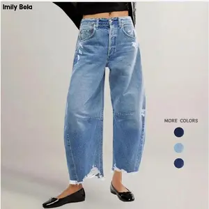 Imily Bela Women's Baggy Wide Leg Jeans Barrel Horseshoe Boyfriend Cropped Raw Hem Denim Pants