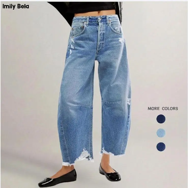 Imily Bela Women's Baggy Wide Leg Jeans Barrel Horseshoe Boyfriend Cropped Raw Hem Denim Pants