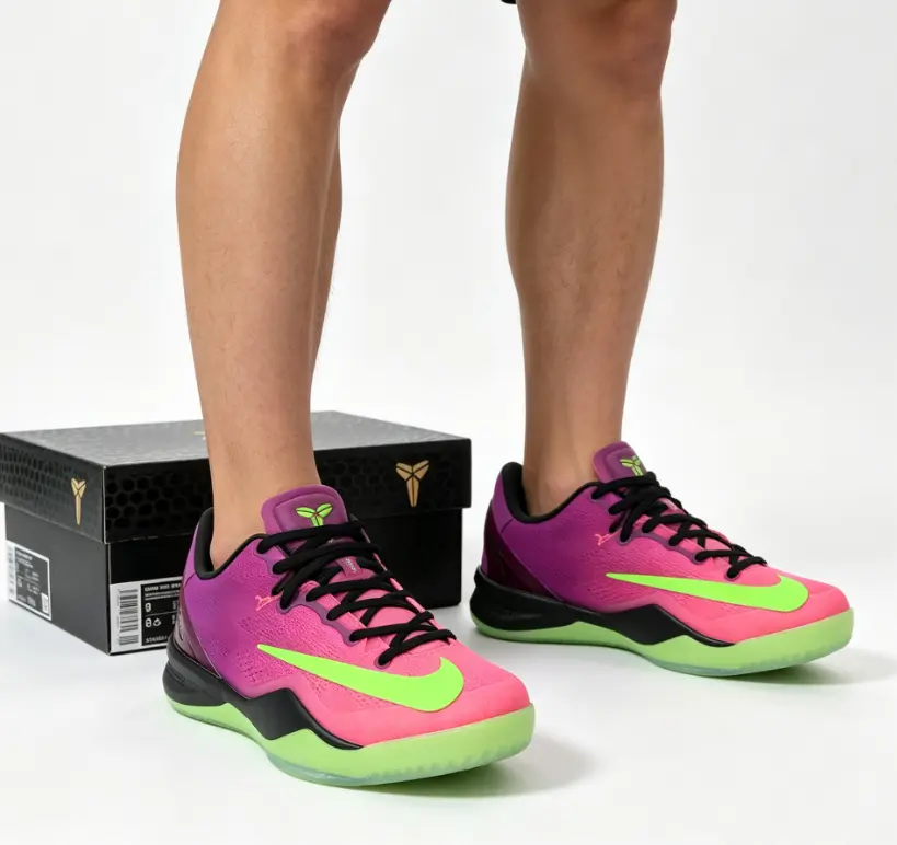 Vibrant Fuchsia Gradient Basketball Sneakers, Neon Green Accent Sleek Low Cut Trainers