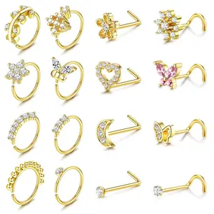 CASSIECA 20Pcs Nose Ring Nose Stud Stainless Steel Nose Piercing Nose Rings Hoop CZ Septum Rings Lip Rings Black Gold Silver Color Nose Rings for Women Men