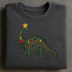 Christmas Tree Dinosaur Embroidered Sweatshirt, Funny Xmas Brontosaurus Shirt, Cute Dino Holiday Hoodie, Xmas Gift for Him/Her Classic Cotton