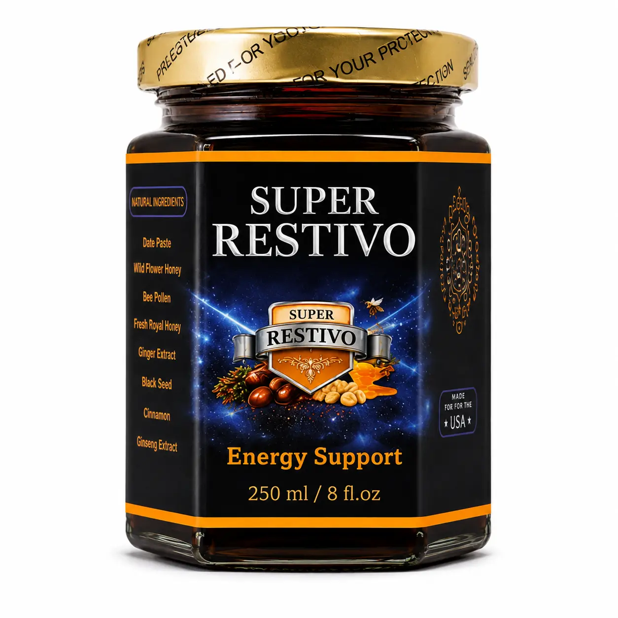 Super Restivo Energy Support Honey blend 250 ml | Natural Date Pasta, Honey, Bee Pollen & Ginger | Halal| 8 fl Oz