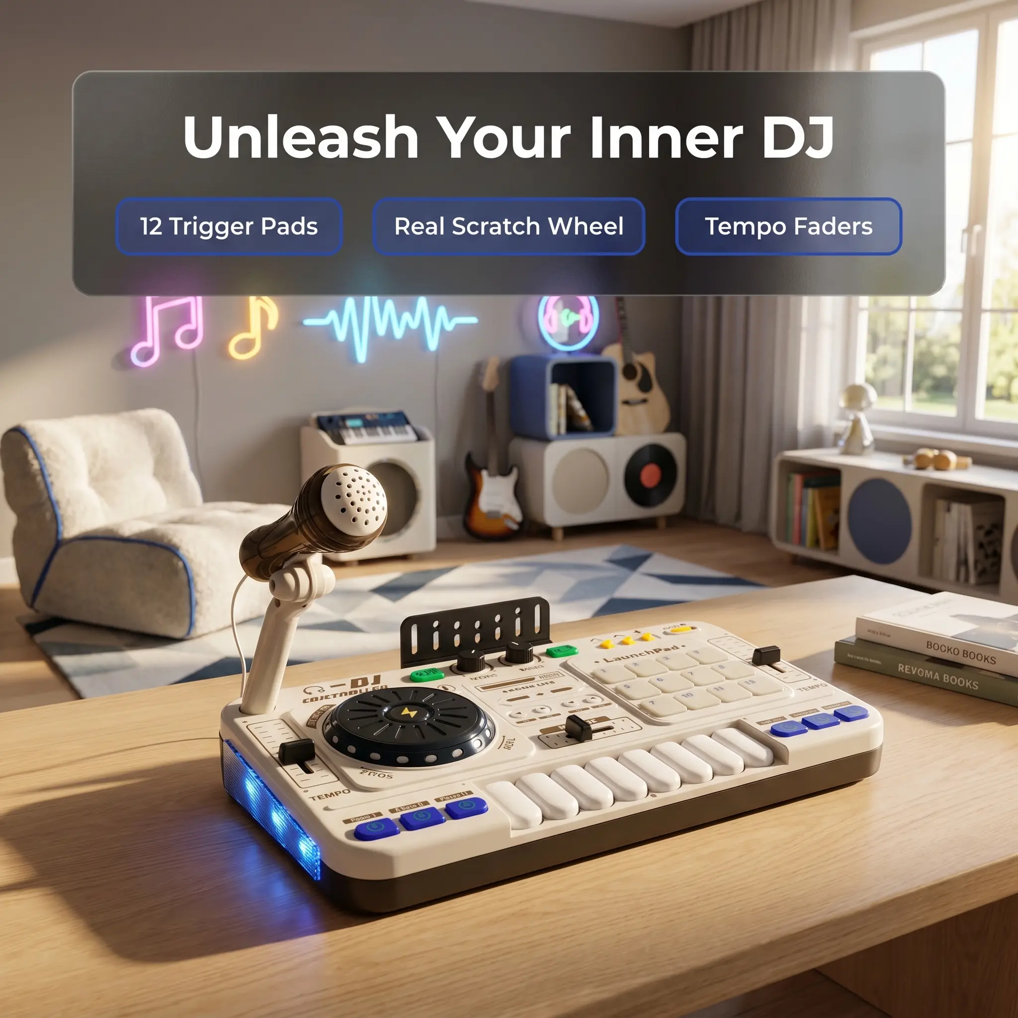 Kids Mini DJ Mixer Toy with Microphone - Bluetooth Music Controller, Piano Keyboard & Launchpad, Multi-Function Educational Musical Toy, Ideal Birthday/Christmas Gift for 3+ Boys Girls