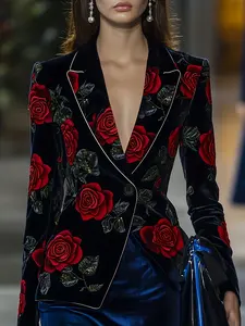 Women's Long Sleeve Rose Print Blazer Jacket, Elegant Office Wear Suit Coat, Spring Fashion Commuter Outerwear