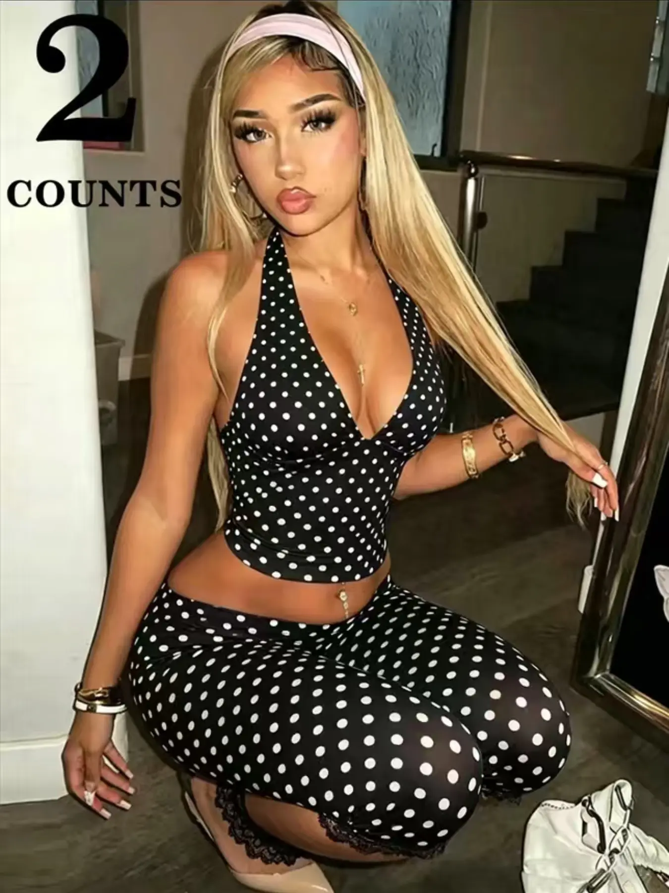 Women's Y2K Retro Vibe Polka Dot Halter V-Neck Tank Top + Lace Capri Pants Set, American Style Two-Piece Outfit, and Options, Womenswear