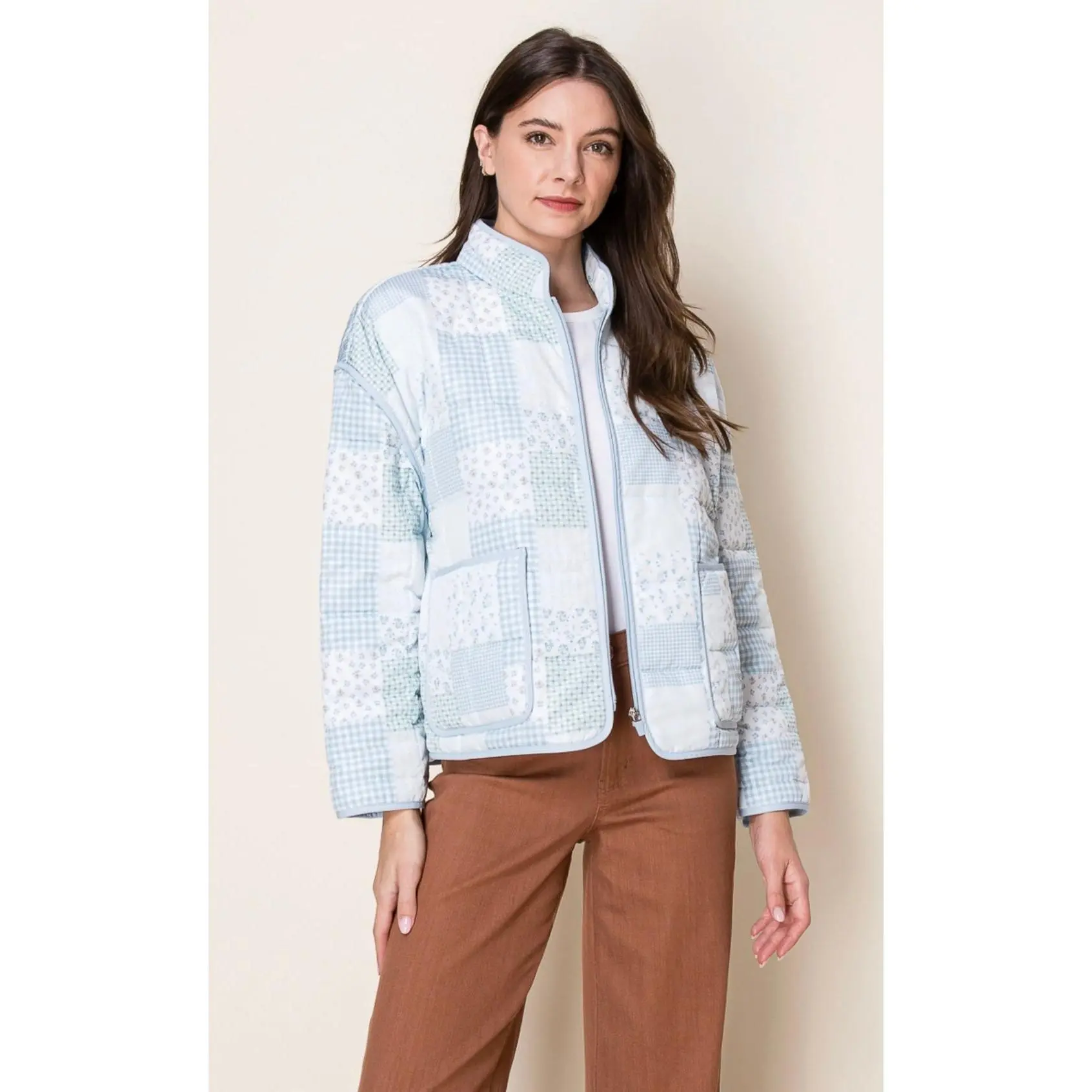 Blue Tones Whimsical Patchwork Quilted Zipper Jacket Womenswear Coats