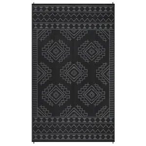 9x18 ft Plastic Black and Gray Rectangular Outdoor Rug, Bohemian Look, Easy Cleaning for Beach, Patio, RV Camping Use