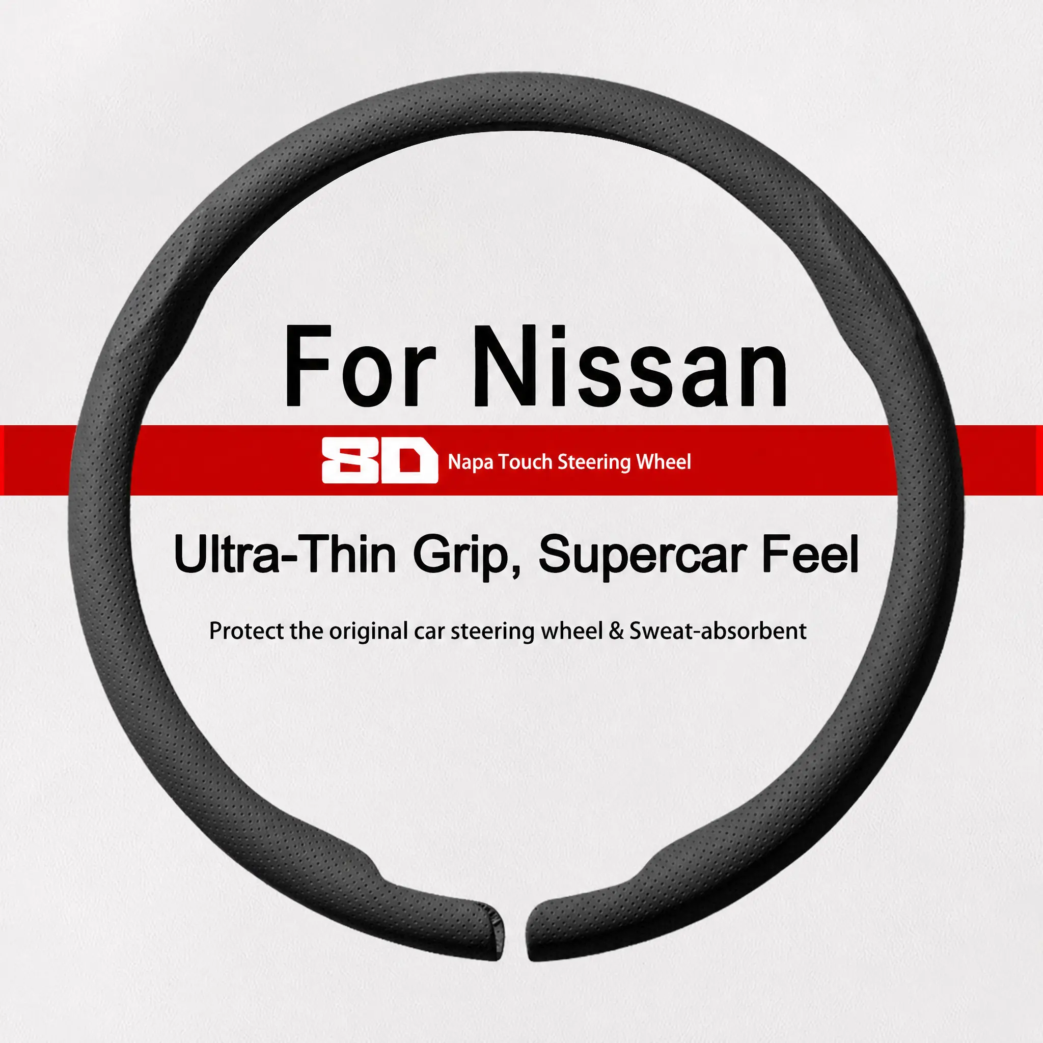 8D Full Wrap Anti-Slip Steering Wheel Cover, Compatible with Nissan Rogue Sentra Altima Kicks Pathfinder, NAPPA Leather, Breathable, Sweat-Proof, Ultra-Thin, Durable, Easy Quick Install, Full Coverage, Protects Original Wheel