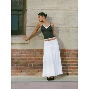 Cider Cotton Mid Rise Ruched Drawstring Flared Maxi Skirt