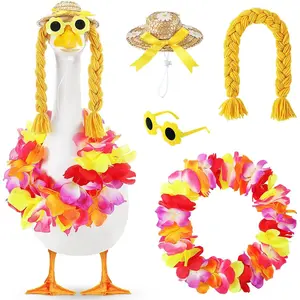 4 Pcs Summer Porch Goose Outfits Wreath Hat Sunglasses Goose Cloth Costume for 17"/23" Outdoor Garden Decor(Yellow)