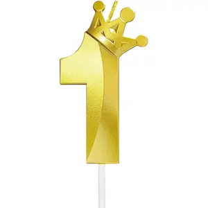 Number 1 Birthday Candle One Year Old Happy Birthday Number Candles Cake Topper Decorations 3D Crown (Crown-1, Gold)