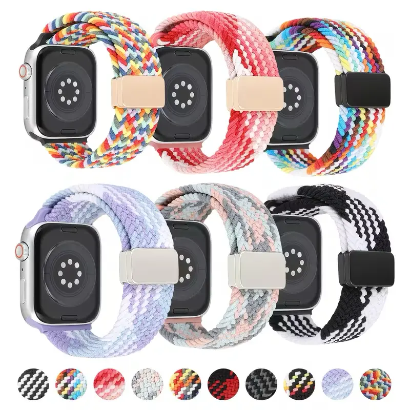 3-Piece Magnetic Nylon Braided Elastic Wearable Replacement Bands for iWatch Series & Galaxy Smartwatches, Breathable Stylish Camouflage Straps with Solace Adapt Loops, Stretchy Solo Loop Accessories, Midnight Blue, Smoke Purple