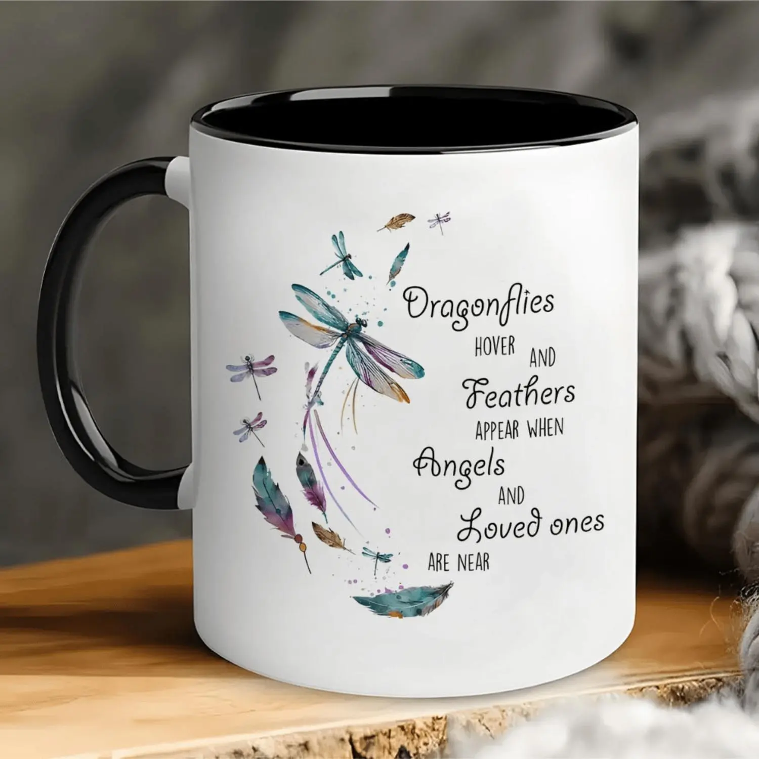 1pc Elegant Ceramic Coffee Mug with Double-Sided Dragonfly & Feather Print - Clay Tea/Coffee Cup Suitable for Office, Dining, Bedside - Perfect Gift for,, Birthdays, Mother's Day, Easter - Whimsical Reading Accessory & Decorative Mug