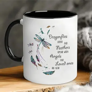 1pc Elegant Ceramic Coffee Mug with Double-Sided Dragonfly & Feather Print - Clay Tea/Coffee Cup Suitable for Office, Dining, Bedside - Perfect Gift for,, Birthdays, Mother's Day, Easter - Whimsical Reading Accessory & Decorative Mug