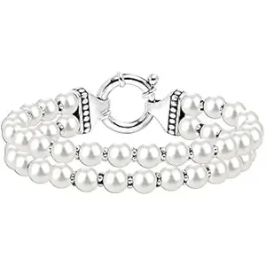 LeCalla 925 Sterling Silver Round Shell Pearl Bracelet for Women, Pearl Two Strand Stretch Bracelets