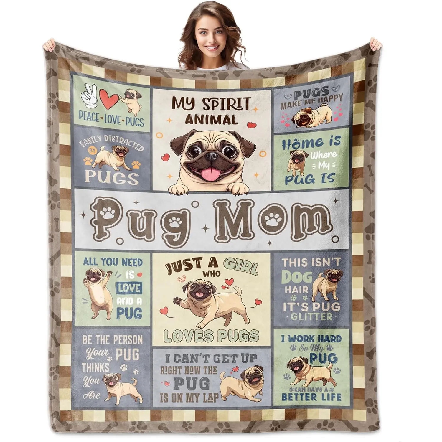 Pug Gifts for Women, Pug Blankets, Pugs Gifts for Lovers Mom, Puppy Gifts for Girls, Gifts for Pugs Dog Owners Lovers WomEn Decorations Throw Blanket for Christmas Mother's Day, Printed on One Side with a Plain White Back, Halloween Thanksgiving