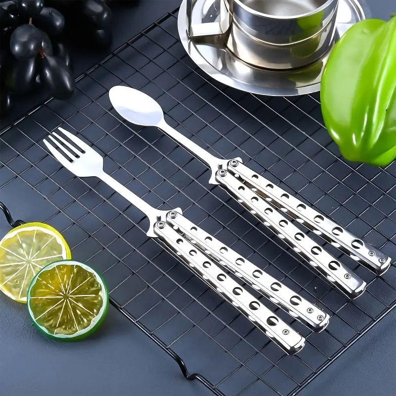 2pcs Butterfly Folding Cutlery Set - Portable Stainless Steel Spoon & Fork - Ideal for Travel, Camping, Picnics