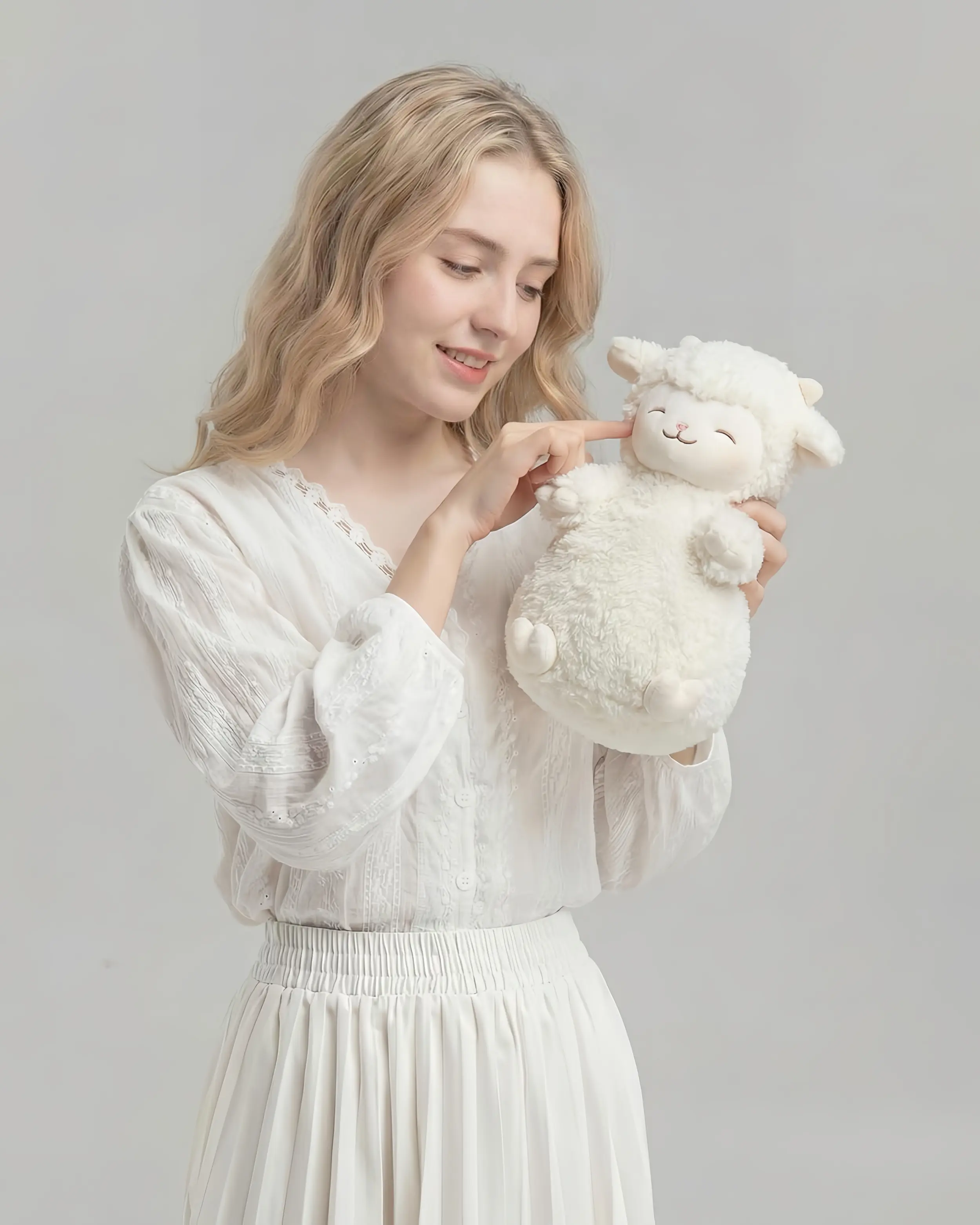 MINISO 11in Standing White Stuffed Toy Sheep with Pink Blush Cheeks - Kawaii Stuffed Animal, Fluffy Velvet Unisex Cuddly Gift, Soft Decorative Collectible for Kids