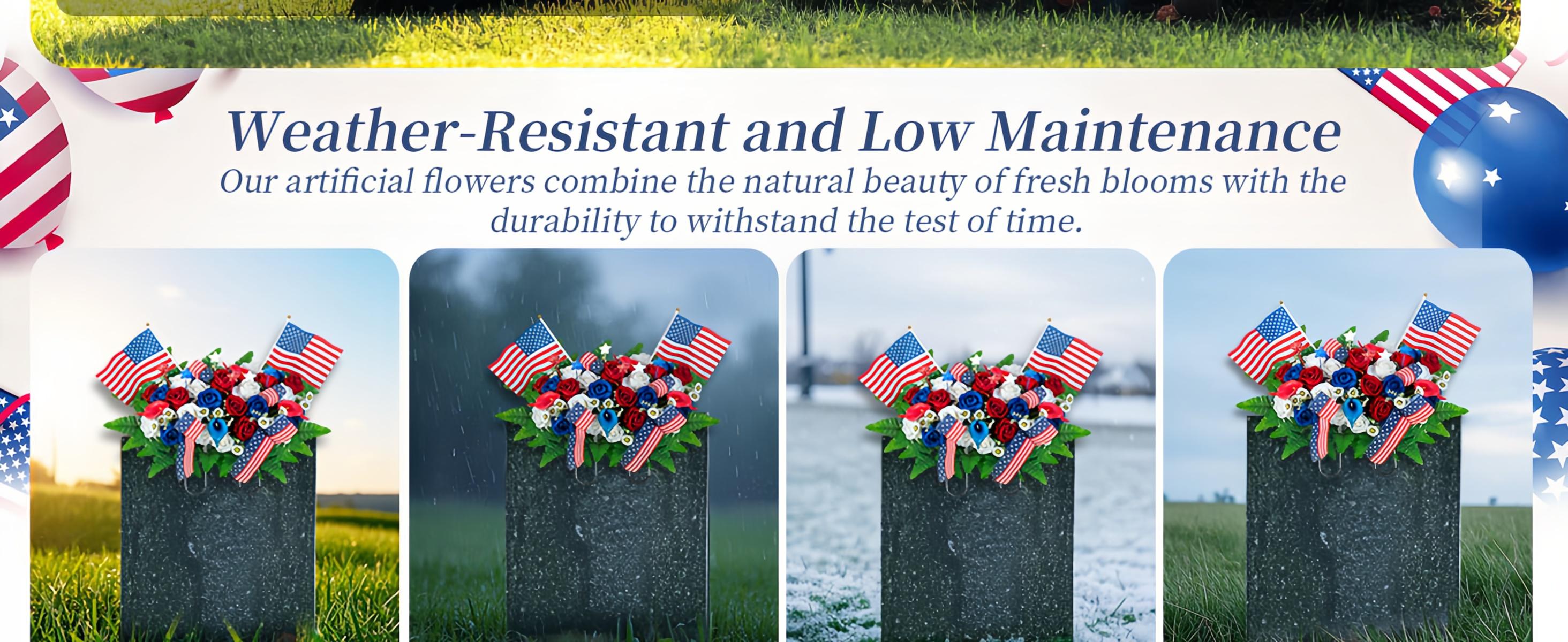 Headstone Flower Saddle Arrangements - Artificial Cemetery Flowers  Memorial Day Sympathy Floral for Outdoor Gravestone Decorations (Red White Royal Blue),250th Anniversary USA Decorations - Artificial Patriotic Cemetery Flowers for Grave