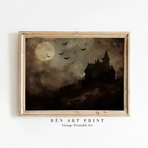 Moody Gothic Spooky Halloween Wall Art, Haunted House Landscape Print, Occult Art – 5 Size, 8x12 to 27x40 inch, Room Decor, Unframed