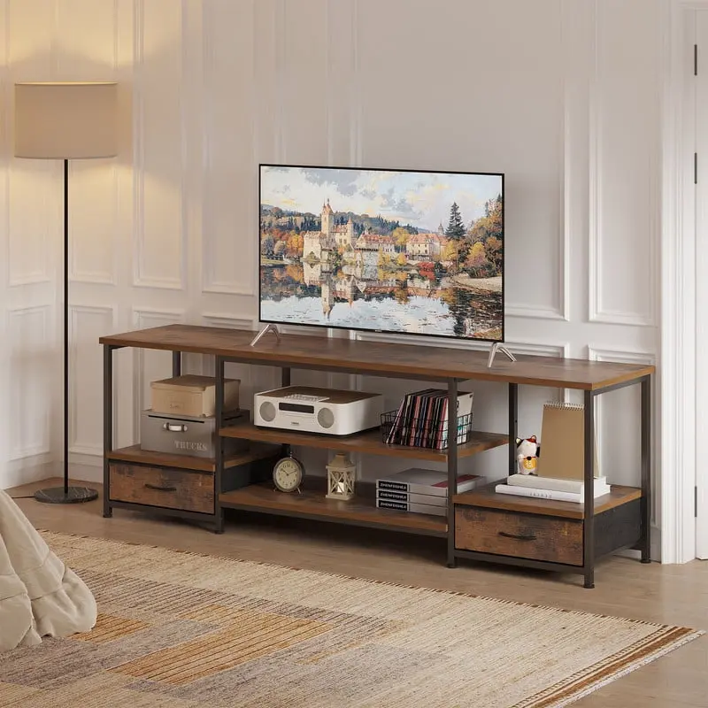 Gianna 63" Rustic Brown TV Stand - Fits 75" TVs, Media Console with Built-In USB, Type-C & AC Charging Station, Storage Shelves & Fabric Drawers