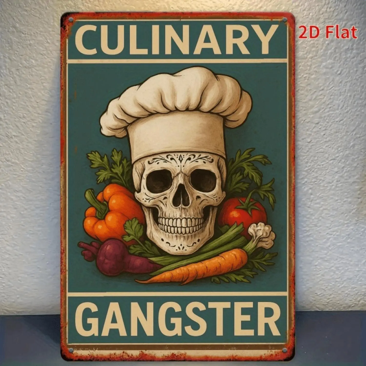 Retro Square Metal Print Wall Decor, 1pc 2D Flat Chef Skull Theme Hanging Painting with Pre-Drilled Holes, 7.8x11.8in for Home, Restaurant Wall Decoration