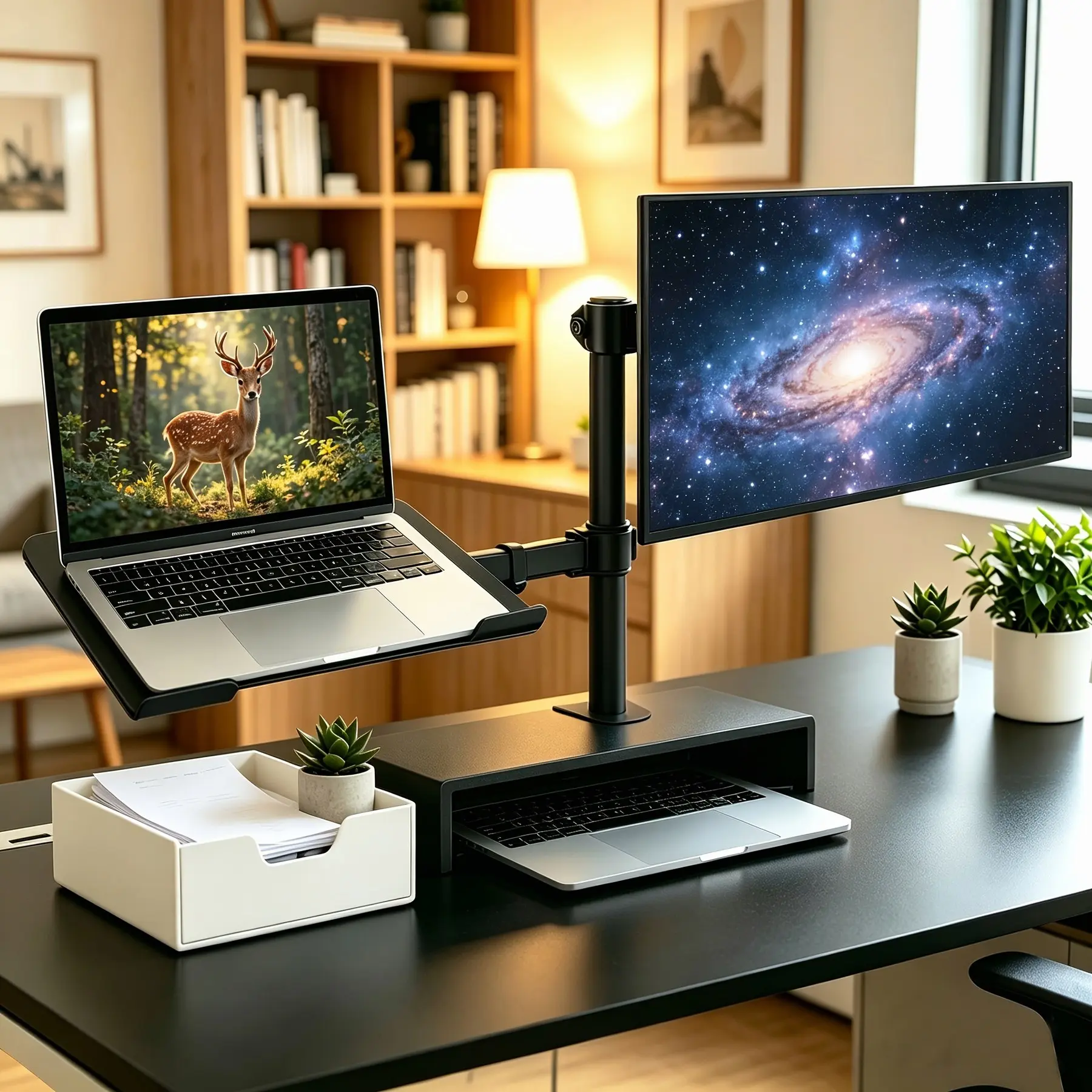Heavy-Duty Adjustable Monitor & Laptop Mount with Ventilated Tray - Single Arm Desk Bracket Suitable for 13-32" Screens, Ergonomic Arm for Laptops up to 17", Holds 22lbs, Compatible for Office, Computer Desk, Tablet Holder