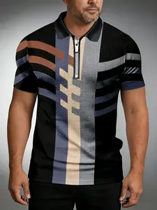Men's Geometric Printed Half Zipper Polo, Fashionable Trend, Comfortable Material, Fashionable Men