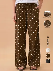 Women's Satin Polka Dot Wide Leg Pants, Casual Lounge Pants, Casual Loose Fit Drawstring Waist, Beach Travel Vacation Straight Leg Pockets