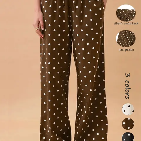 Women's Satin Polka-Dot Wide-Leg Pants, Casual Trousers, Casual Palazzo Pants, Casual Loose Fit with Drawstring Waist and Pockets, Perfect for Beach, Travel and Vacation Wear