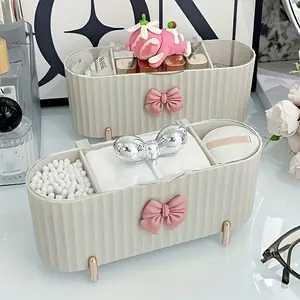 1pc 3-Grid Cosmetic Storage Box, Cute Bow Straw Powder Puff Organizer, Large Capacity Transparent Lid, Bathroom Vanity Decor Gift, Cosmetics Organizer Storage