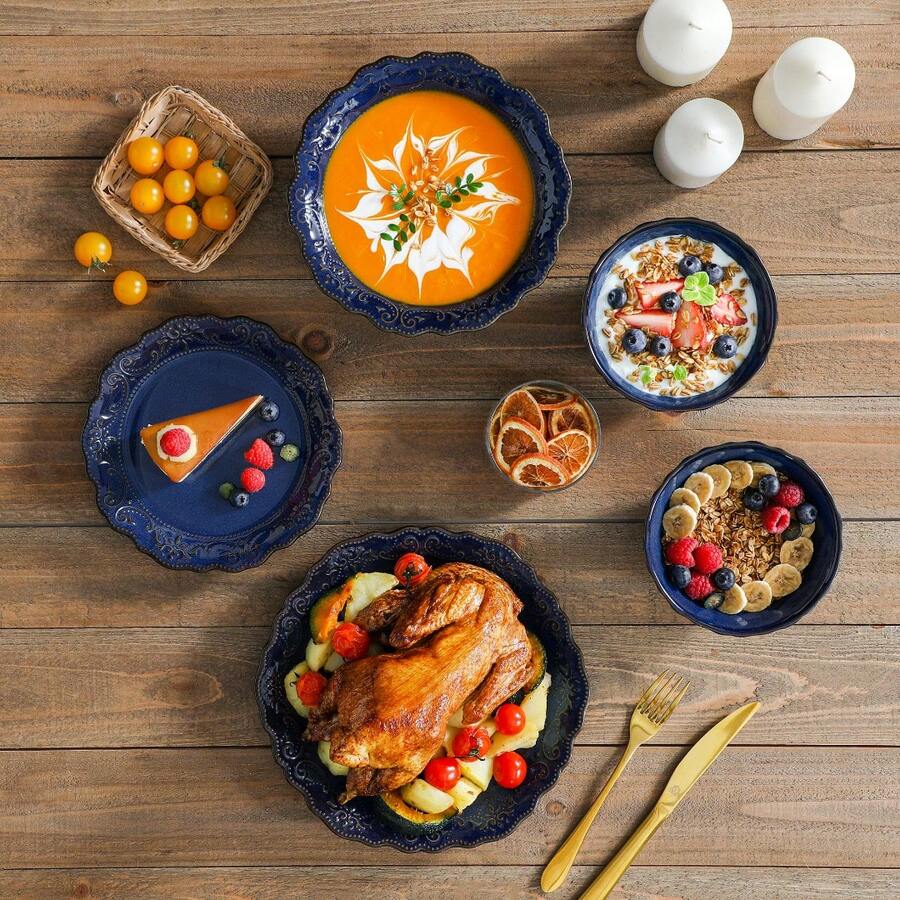 16 Piece Ceramic Dinnerware Sets, Kitchen Dinnerware, Blue Dinnerware With Bas-Relief Around The Edge, For 4 People, Dinner Plate, Dessert Plate, Bowl And Soup Plate