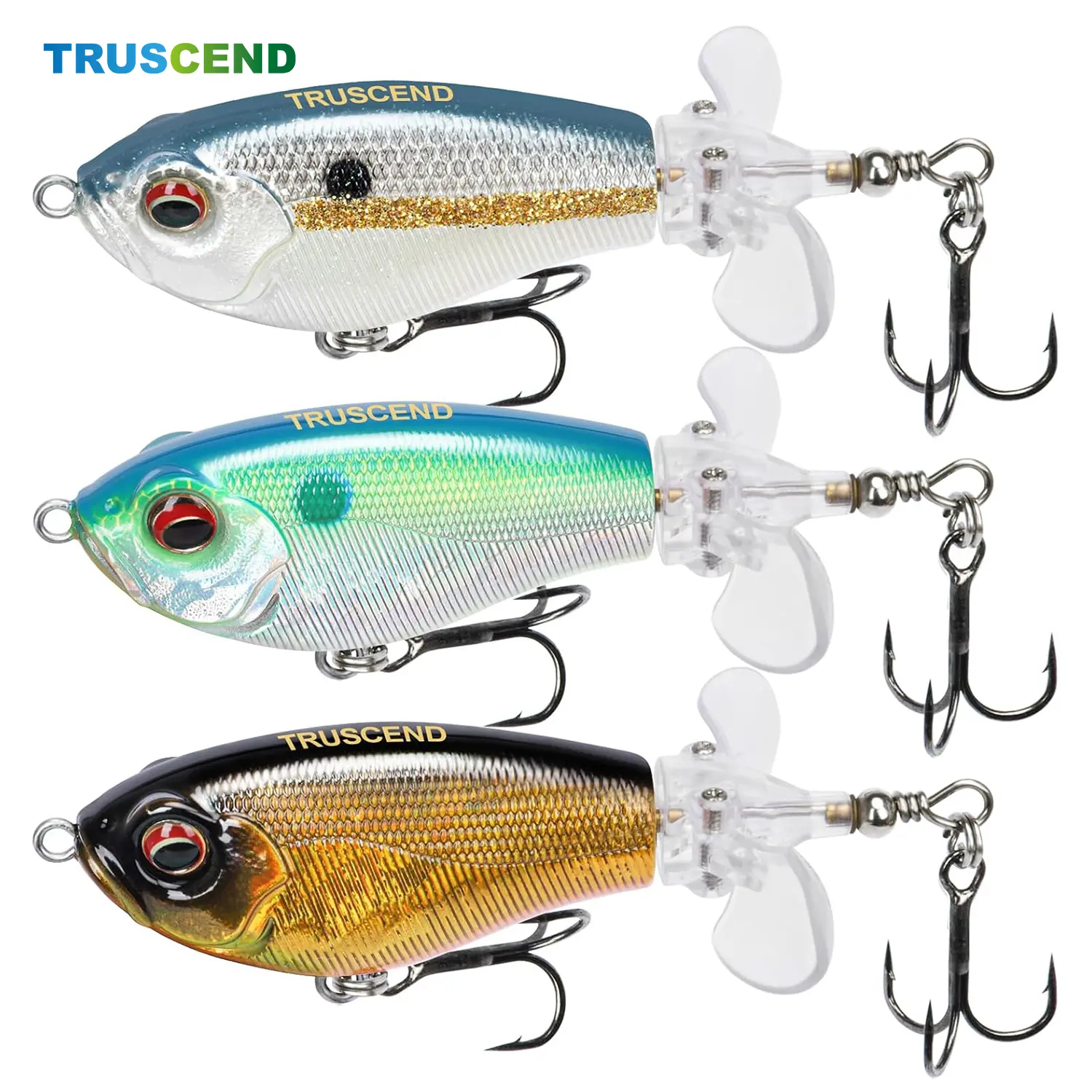 TRUSCEND Popobait Topwater Plopper Fishing Lure, 3in 1/2oz ABS Plastic Fishing Equipment with Double-Blade Rotating Tail, BKK Hooks for Bass, Walleye, Balanced Weight, Bass & Pike, Factory, Double Blade Tail