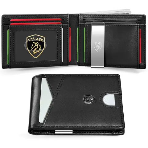 VTLASK Men's Durable Bifold Leather Wallet - RFID Blocking Anti-Theft, 11 Card Slots, Detachable Money Clip, Flap, Clean Minimalist Colorblock Design, Business Card Storage, Compact EDC Accessory Holiday Gift, Durable Bifold Wallet