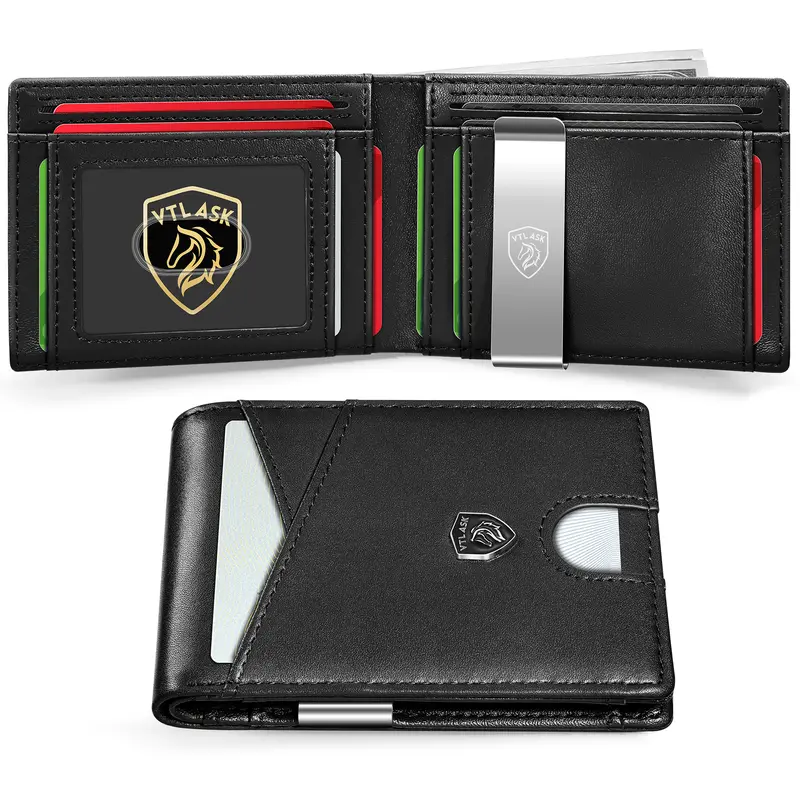 VTLASK Men's Durable Bifold Leather Wallet - RFID Blocking Anti-Theft, 11 Card Slots, Detachable Money Clip, Flap, Clean Minimalist Colorblock Design, Business Card Storage, Compact EDC Accessory Holiday Gift, Durable Bifold Wallet