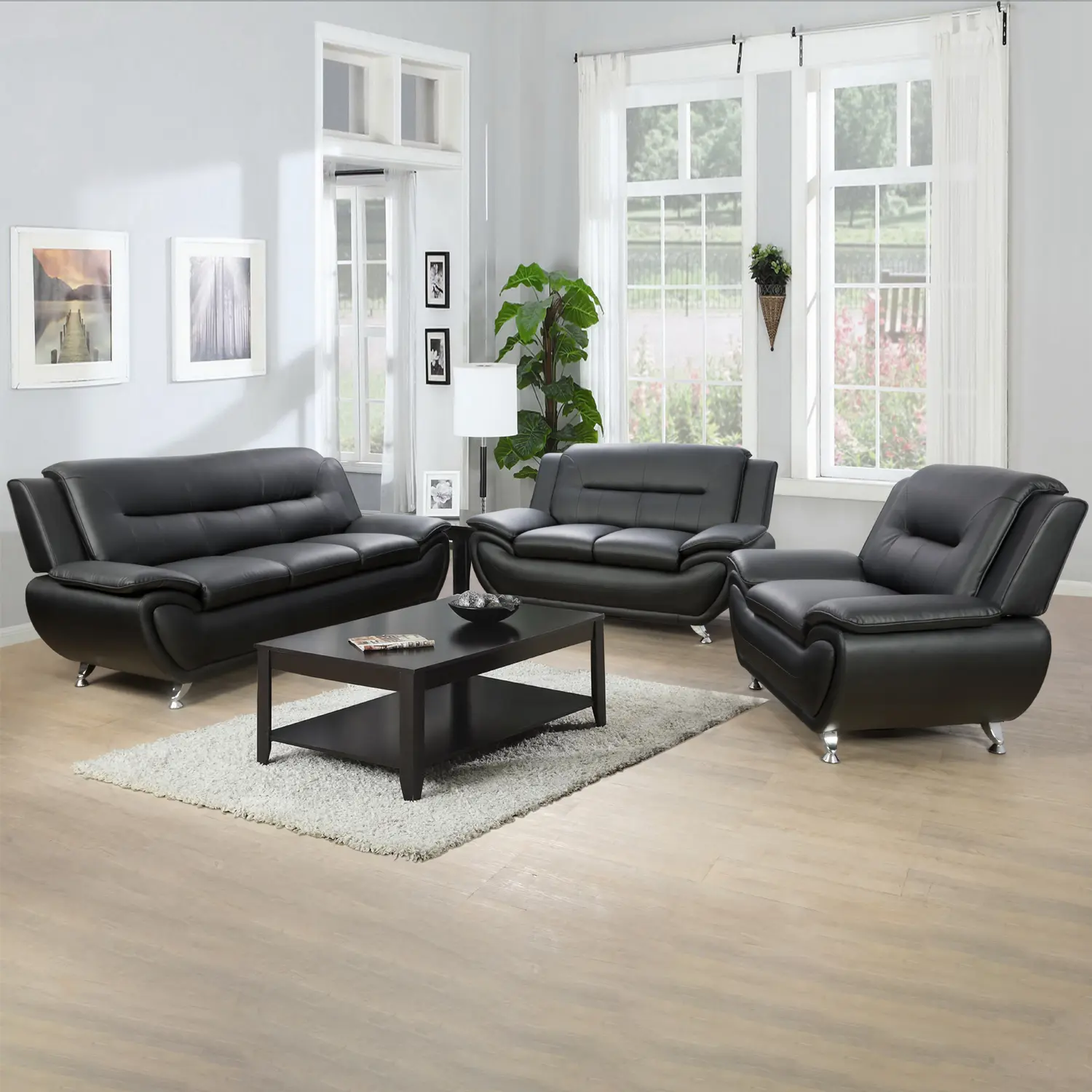 Gloss Black 3-Piece Faux Leather Couch Set - Conversation Sofa Set, Fixed Arms, Comfy Cushioned, Sturdy, Easy to Clean, Assembly Required, Modern Luxury Indoor Living Room Furniture, Gloss Black Living Room Furniture