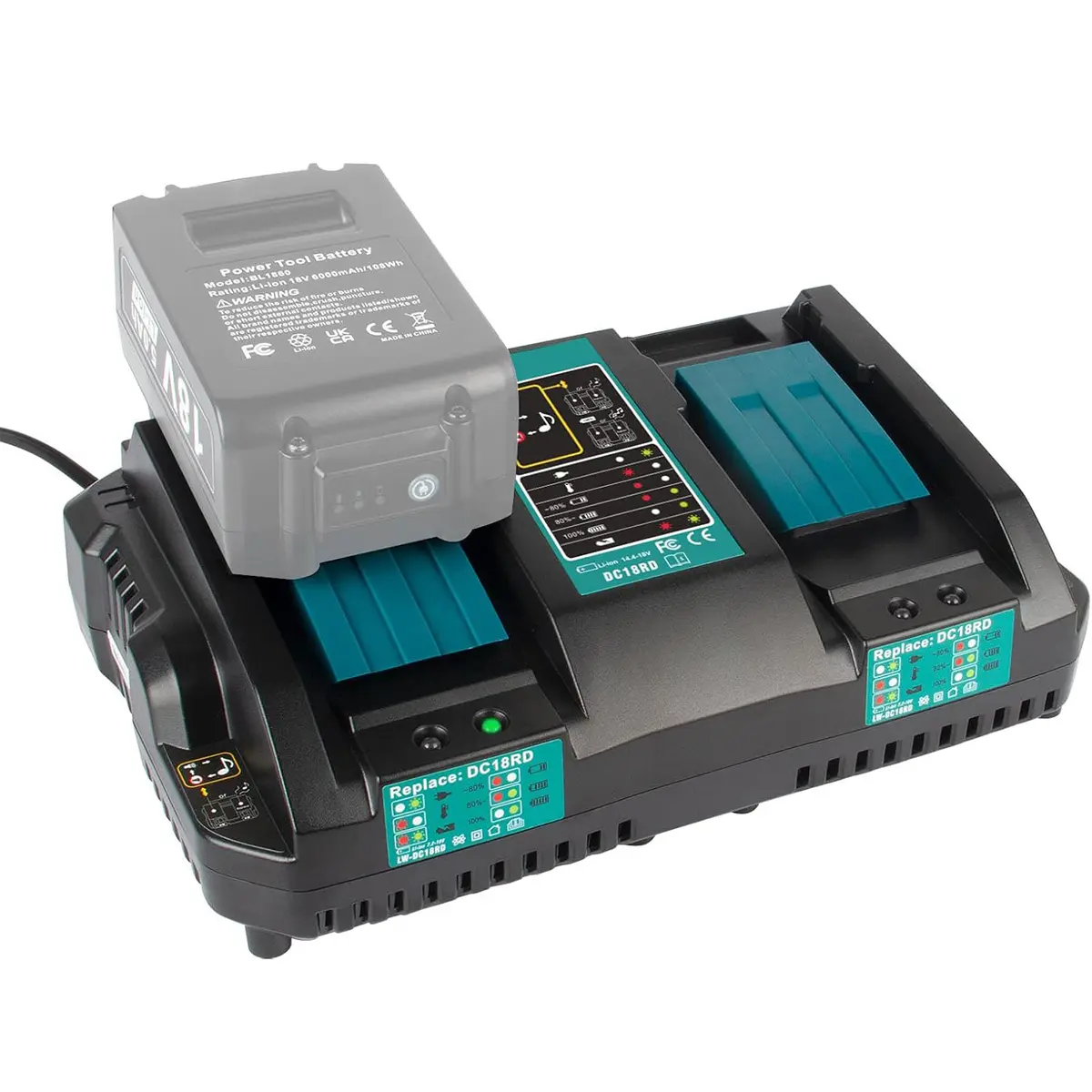DC18RD 14.4V-18V Rapid Dual Ports Charger for Makita 18V Lithium Ion Battery, Overcurrent Protection, Compatible with Makita BL1850B BL1860B BL1830B BL1840B BL1820B Batteries
