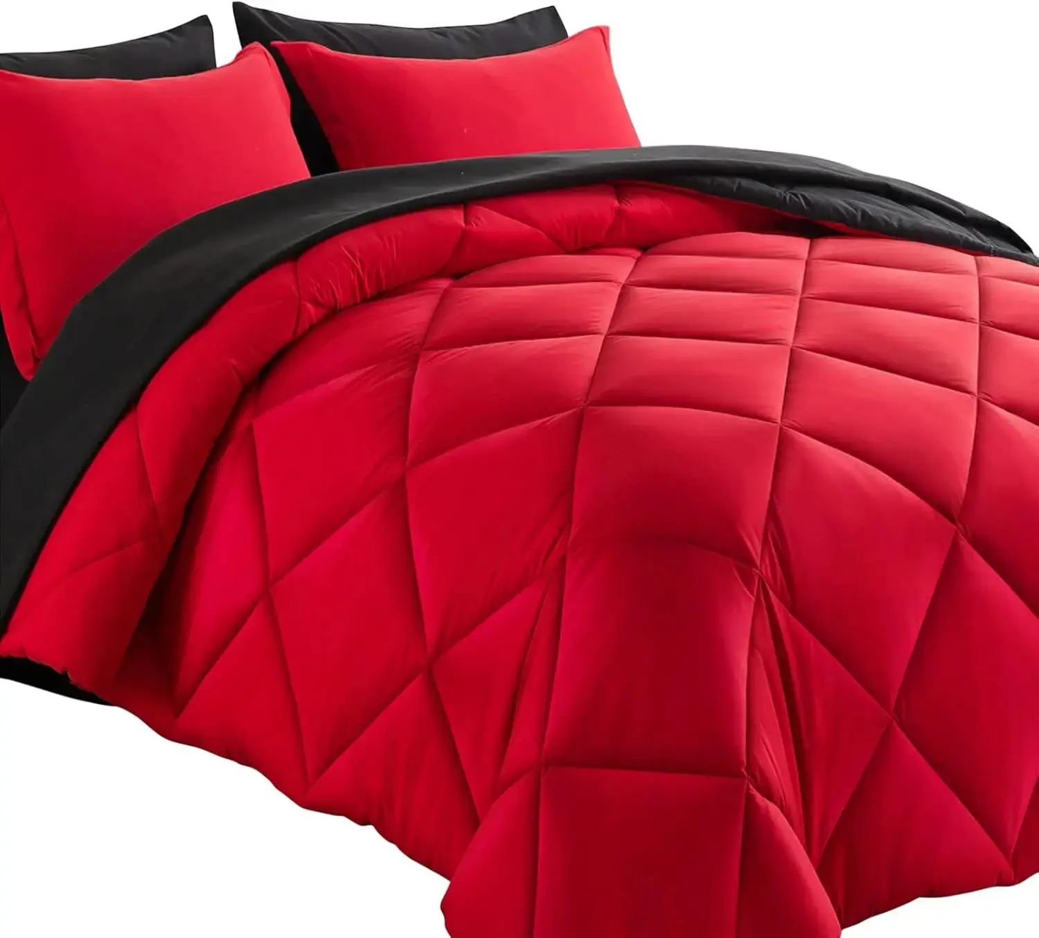 7-Piece Affordable Microfibre Bedding Set - All-Seasons Durable Synthetic Bed-in-a-Bag with Down Alternative Inner Filling, Reversible Red & Black Comforter, Pillow Shams, Flat Sheet, Fitted Sheet, Pillowcase, Bold Contrast Design, Machine Washable