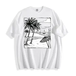 Casual Summer Style Unisex T-Shirt Beach Scene With Palm Trees And Sailboats Tropical Vibes Perfect For Vacation Or Everyday Wear Ideal Gift For Travel Lovers And Beach Enthusiasts