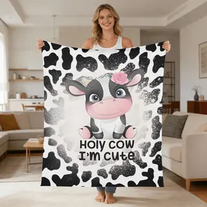 1pc Contemporary Digital Printed Flannel Throw Blanket, Cow Element, Reversible, All Seasons, 50% cotton + 50% polyester, Machine Washable, with Multipurpose Portable Design, for Office, Sofa, Bedroom