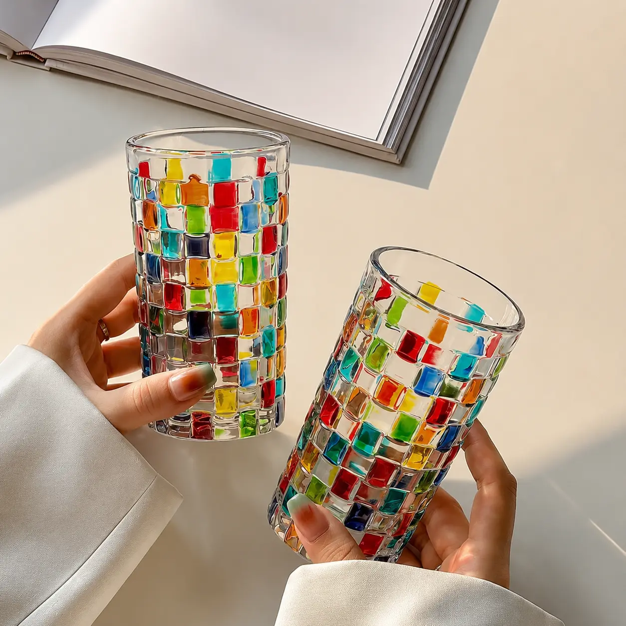Colorful Mosaic Drinking Glasses, 11.8 oz Highball Tumblers, 4 or 6 or 8 Pack Clear Glass Cups for Iced Coffee, Juice, Cocktails, Holiday & Christmas Entertaining