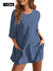 Women's Soft Stretchy Solid Plain Pocket Drop Shoulder Loose Fit Half Sleeve Round Neck Romper for Summer, Women's Casual Fashion One-piece Clothing for Daily Wear and Beach