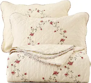3- Floral Embroidered Bedspread Coverlet Set  Cotton Reversible Patchwork 1 Quilt and 2 Pillow Shams Full/, Flower