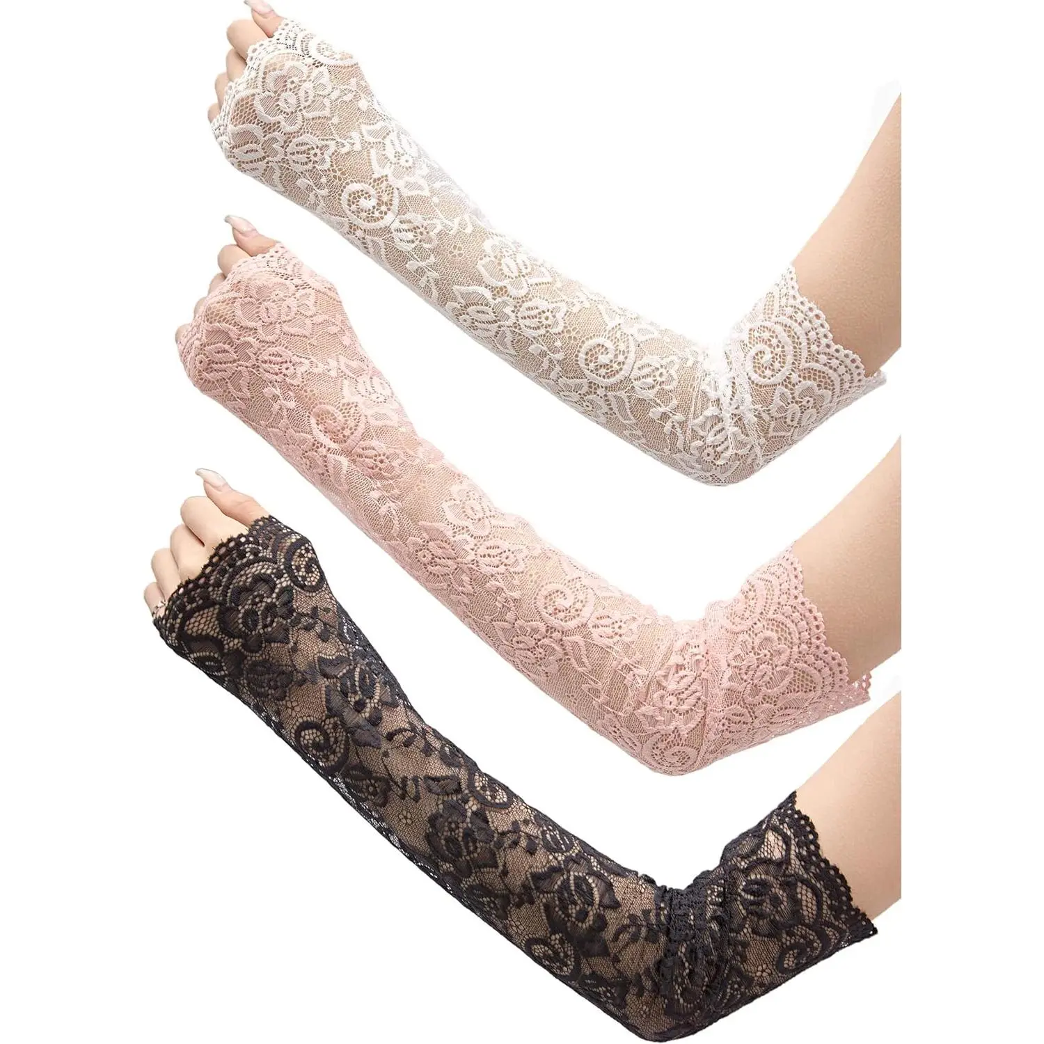 Women's Classic Soft Crisp Long Lace Fingerless Arm Sleeves - 3 Pairs, Black/White/Pink, for Daily Wear, Outdoor Activities, Any Season, Comfortable And Snug Fit, Easy Movement, Outfits, Female